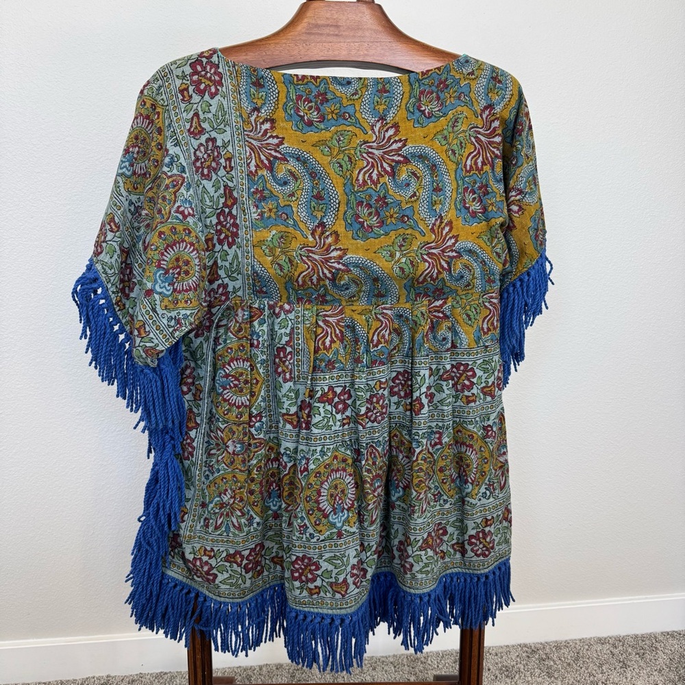 Boho Paisley Fringe Tunic Dress Festival Hippie Folk Kimono Tassel Mini OS - Picture 8 of 12